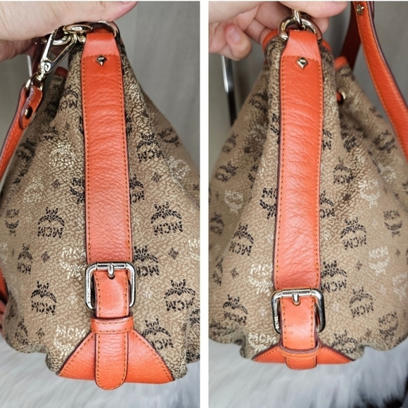 🔹MCM🔹️visetos jacquard brown orange bucket Draw String  crossbody shoulder bag - Picture 8 of 12